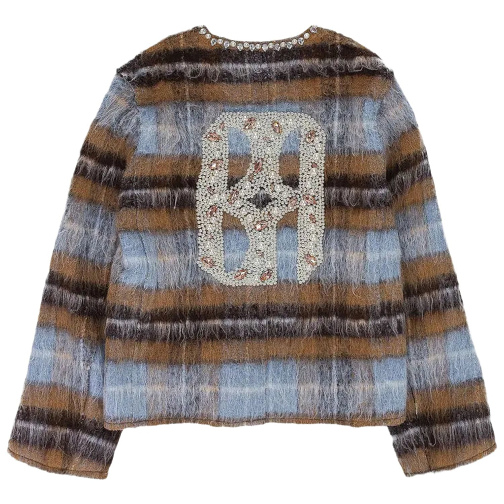 Birth Of Royal Child Rhinestone Pearl Mohair Bomber Jacket Tan