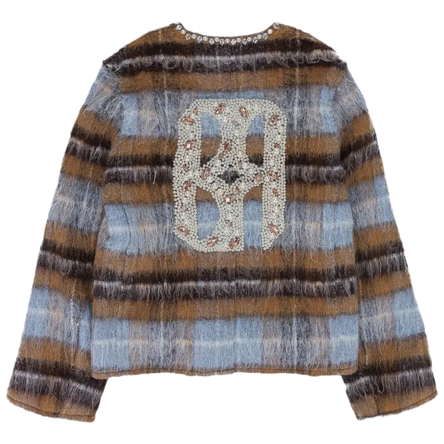 Birth Of Royal Child Rhinestone Pearl Mohair Bomber Jacket Tan