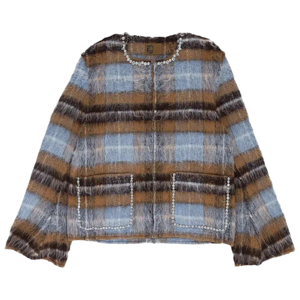 Birth Of Royal Child Rhinestone Pearl Mohair Bomber Jacket Tan